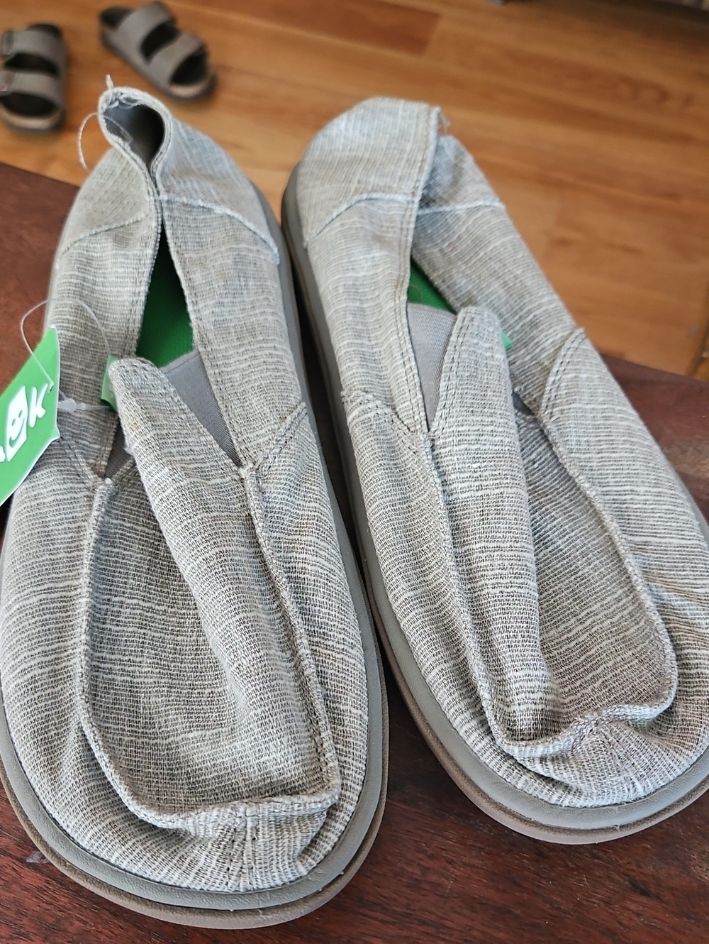 Sanuk Beige Knit Slip-On with Green Insole